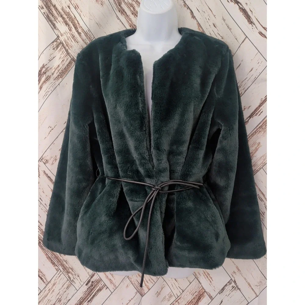 Banana Republic Faux Fur Tie-Waist Green Jacket - Picture 2 of 9